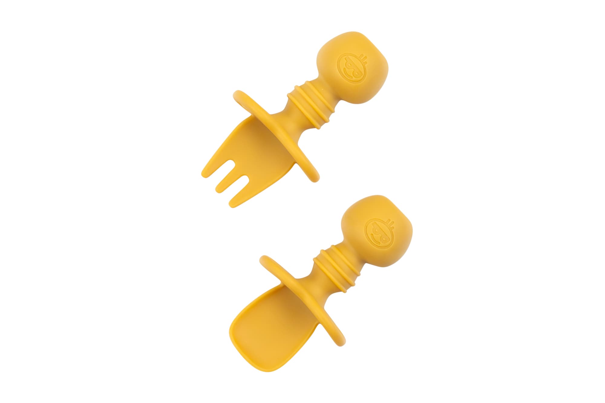 Yellow silicone baby fork and spoon set with short handles and protective choke guards.